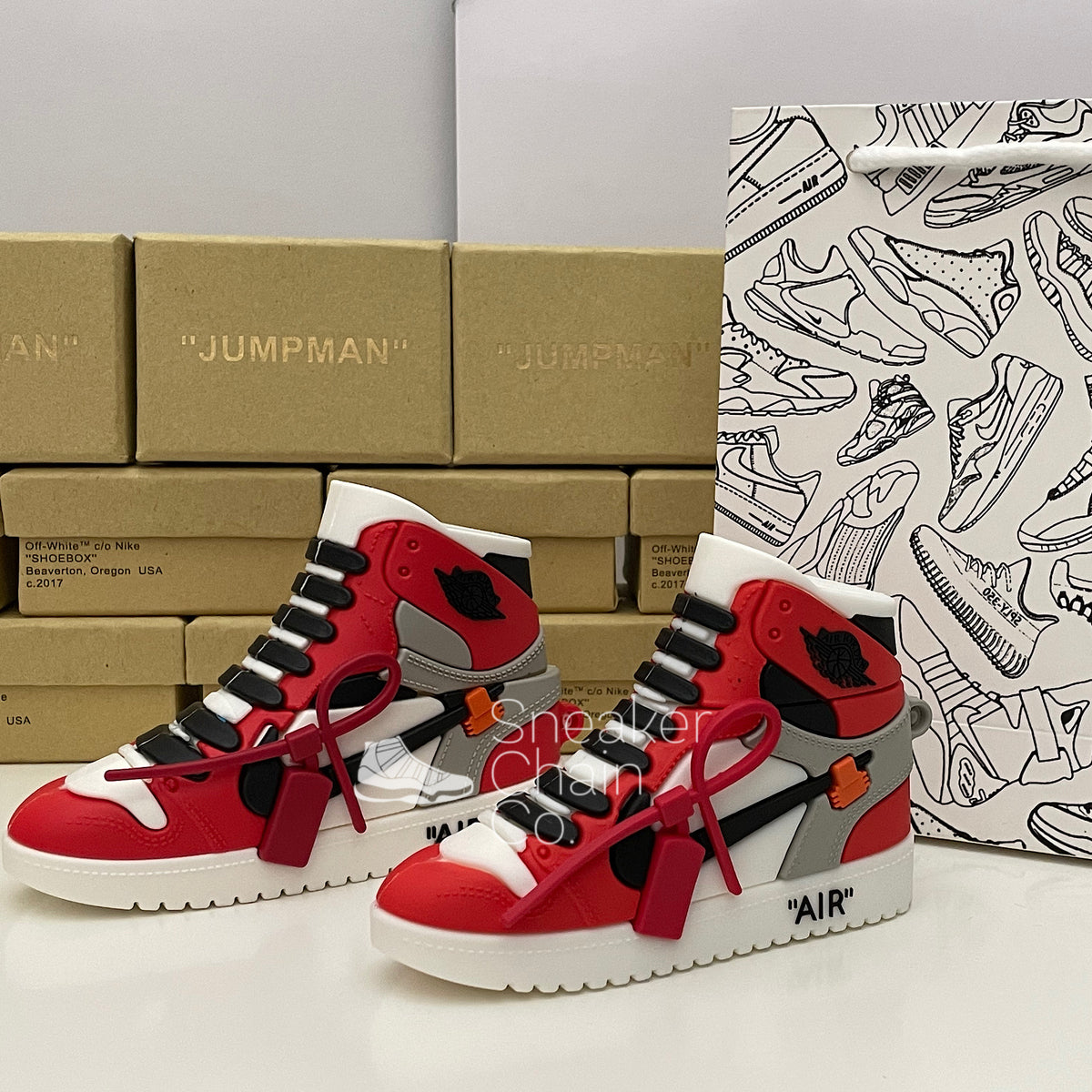 Nike Air Jordan 1 Retro x Off White Chicago Shoe Sneaker Design AirPod Sneaker Chain Co